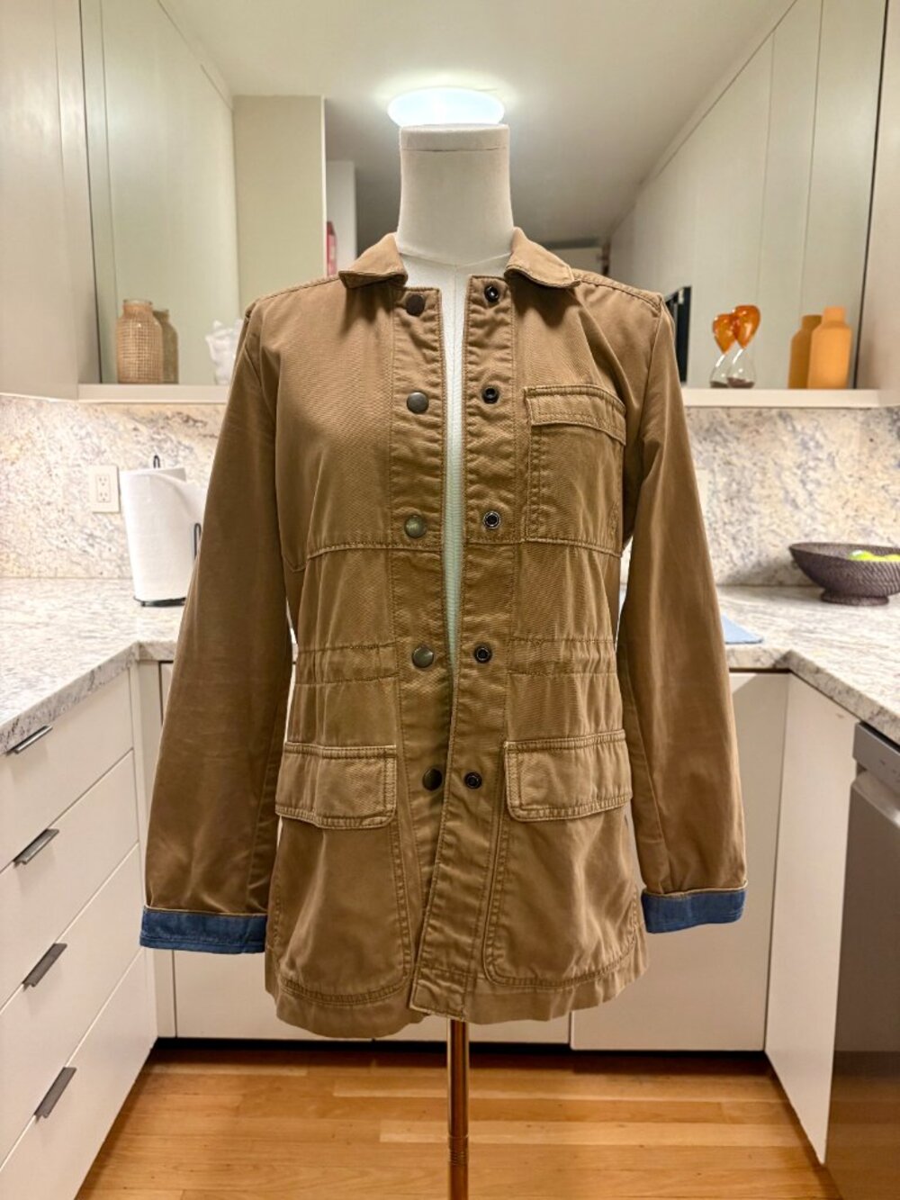Eddie Bauer Tan Khaki Cotton Utility Field Jacket Denim Trim Accent Coat - XS